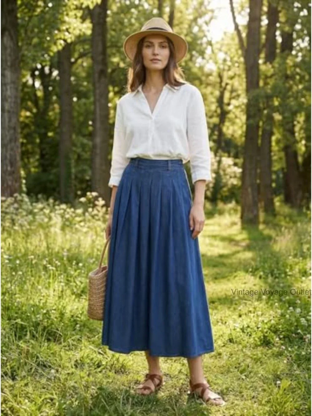 Maxi Denim Skirt High Waisted A-Line Pleated with Pockets Regular Fit - Picture 3 of 7